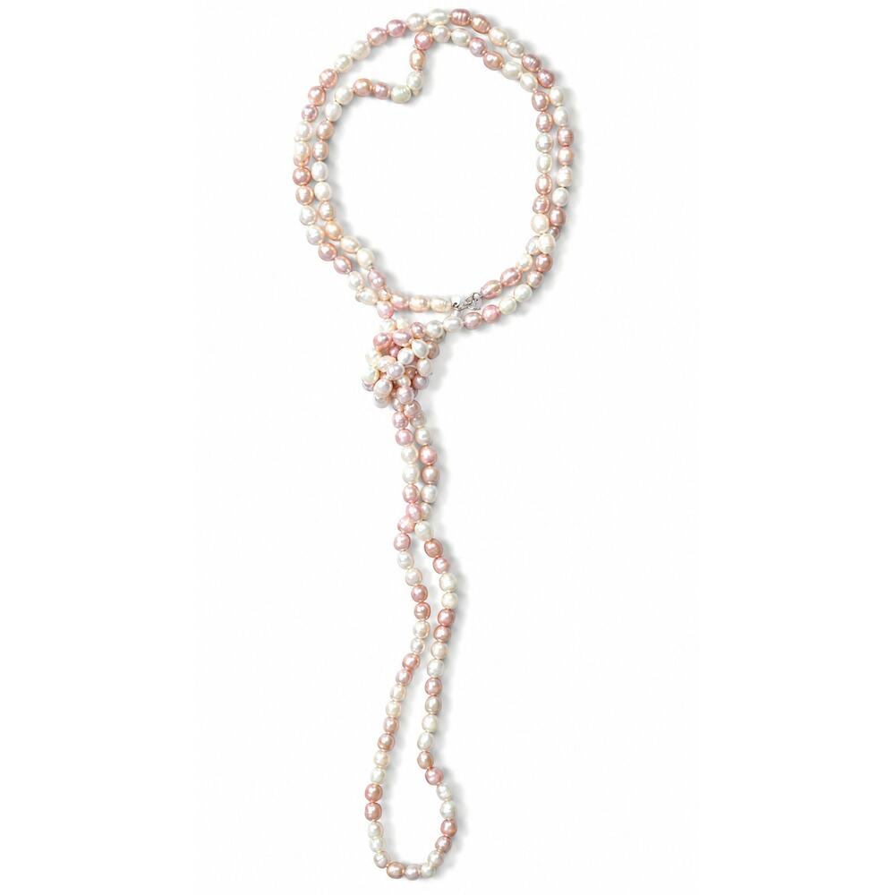 64" Cultured Baroque Pearl Necklace White & Pink 925 Silver Clasp - Picture 5 of 6